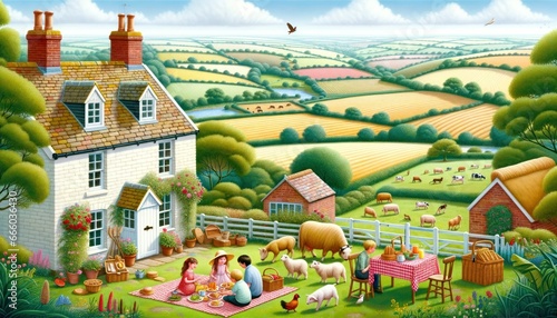 Family picnic in garden of countryside cottage, patchwork fields backdrop, wandering farm animals.
