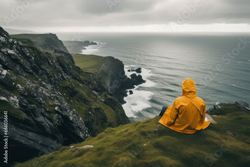 Young girl wearing raincoat sitting on the edge of a cliff with huge waves rolling ashore. Rough Irish weather. Beautiful nature of Ireland. © MNStudio