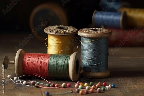 Pincushion spools thread on wooden table. Art sewing material object textile. Generate ai