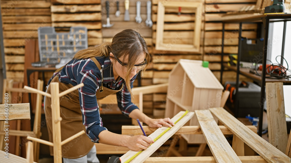 Attractive young blonde woman carpenter in glasses and apron, seriously engaged in measuring and marking a wooden plank at her indoor carpentry workshop.