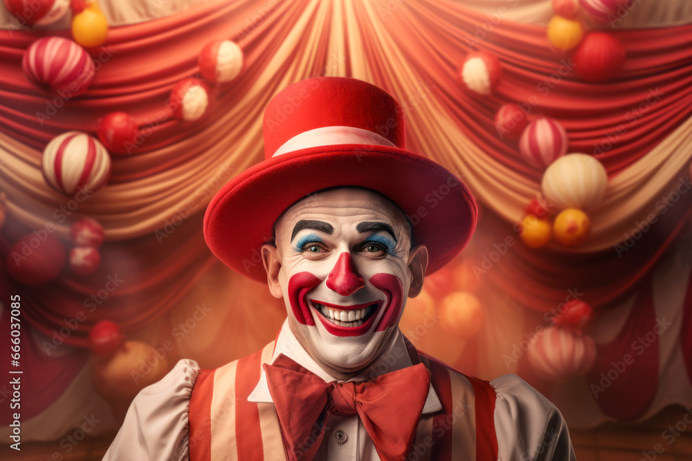 Cheerful clown wearing funny colorful clothes and a hat on a backdrop of circus tent. Cheerful clown wearing funny colorful clothes and a hat on a backdrop of circus tent.