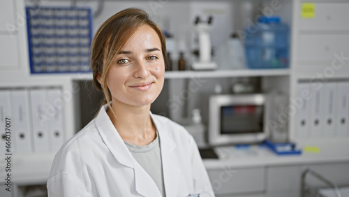 Attractive young blonde woman scientist, confidently smiling while sitting indoors, immersed in medical research in a bustling lab, portrait of confidence and joy.