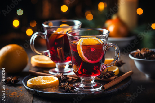 Fresh mulled wine on a wooden table on a backdrop of Christmas lights. Traditional hot Christmas drink served with spices and citrus fruits. Celebrating festive holidays.