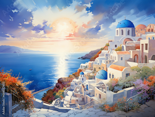 Santorini Greece Watercolor Art Print | Greece Poster | Cityscape Wall Art | Art Decor