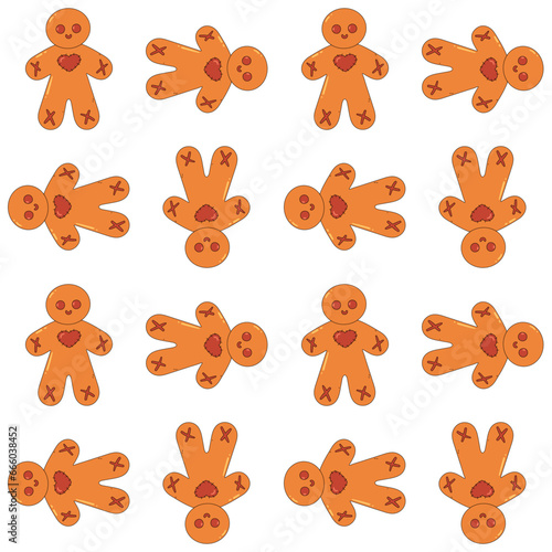 Cute and creepy Halloween character. Groovy retro cartoon evil gingerbread. Zombie cookie mascot. Spooky seamless pattern.