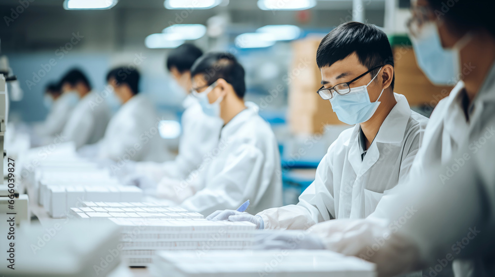 Asian workers in uniform diligently working with safety measures in a technology production factory setting Asian workers in uniform diligently working with safety measures in a technology production factory setting