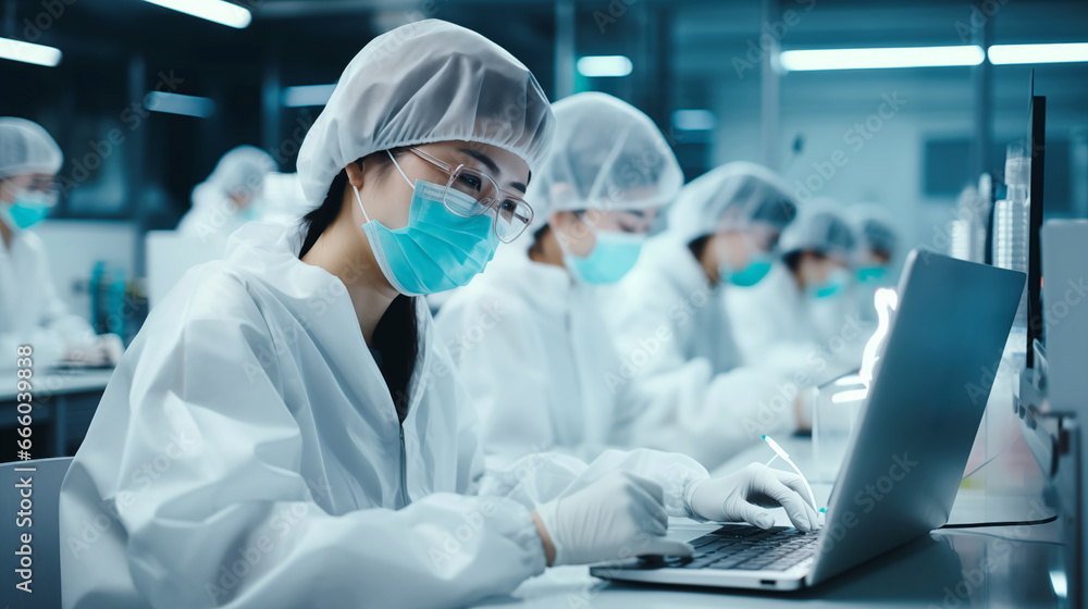 Asian workers in uniform diligently working with safety measures in a technology production factory setting Asian workers in uniform diligently working with safety measures in a technology production factory setting