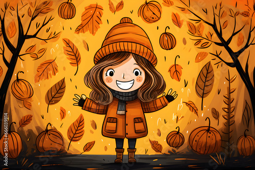 Drawing of happy girl in autumn setting. Postcard design or concept of autumn