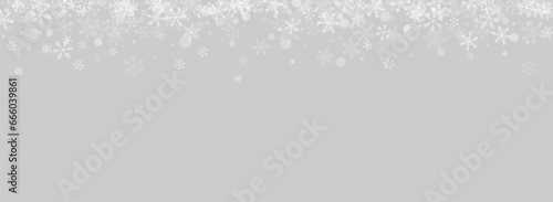 White Snowflake Vector Panoramic Grey Background.