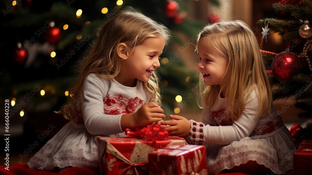 Winter holidays concept. Generative AI. Two little European girls sisters open a gift box sitting next to a Christmas tree in a cozy home interior. Winter holidays concept. Generative AI. Two little European girls sisters open a gift box sitting next to a Christmas tree in a cozy home interior.