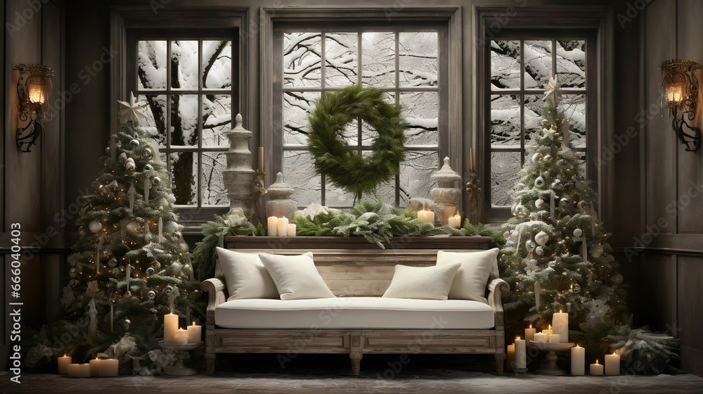 Snow-covered evergreens mirrored in vintage, silver-framed mirrors
