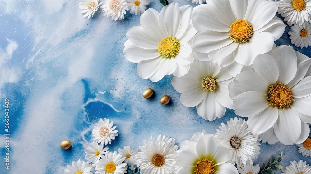 Obraz premium White flowers on white and blue marble background. AI generated