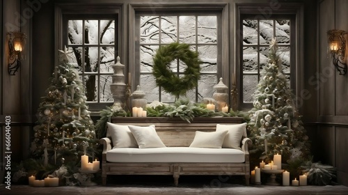 Snow-covered evergreens mirrored in vintage, silver-framed mirrors 