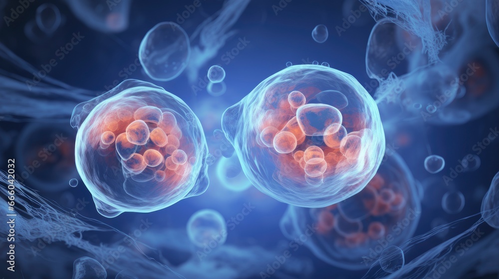 Medical illustration of two-cell embryo under a microscope Medical illustration of two-cell embryo under a microscope