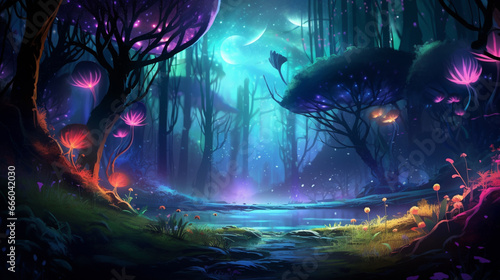 Glowing mushroom lamps with fireflies in magical forest. Generative Ai