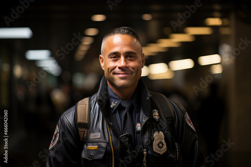 Confident police officer ensuring safety in a bustling underground subway station during evening hours.