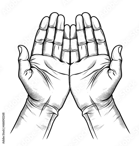 Muslim prayer hands illustration. Transparent PNG Image of dua hands. Hand drawn sketch of open hands with palm up