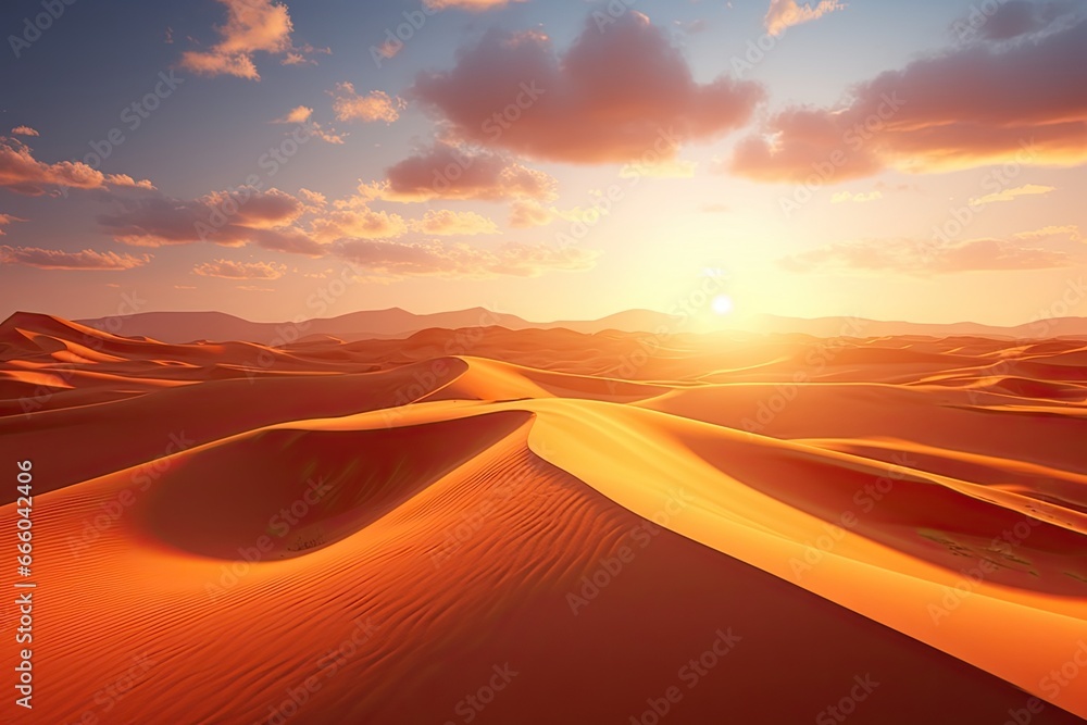Sahara serenity. Majestic desert dunes at sunset. Epic landscapes in sun. Golden sands and endless horizons at sunrise Sahara serenity. Majestic desert dunes at sunset. Epic landscapes in sun. Golden sands and endless horizons at sunrise