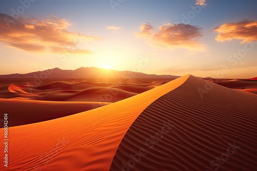 Sahara serenity. Majestic desert dunes at sunset. Epic landscapes in sun. Golden sands and endless horizons at sunrise