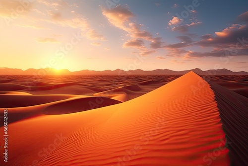 Sahara serenity. Majestic desert dunes at sunset. Epic landscapes in sun. Golden sands and endless horizons at sunrise