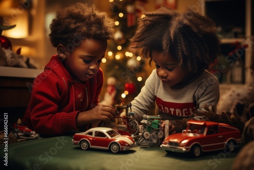 Happy childhood. Curly-haired dark-skinned American little brother and sister play with toy car near the Christmas tree. Winter holidays concept. Generative AI. photo