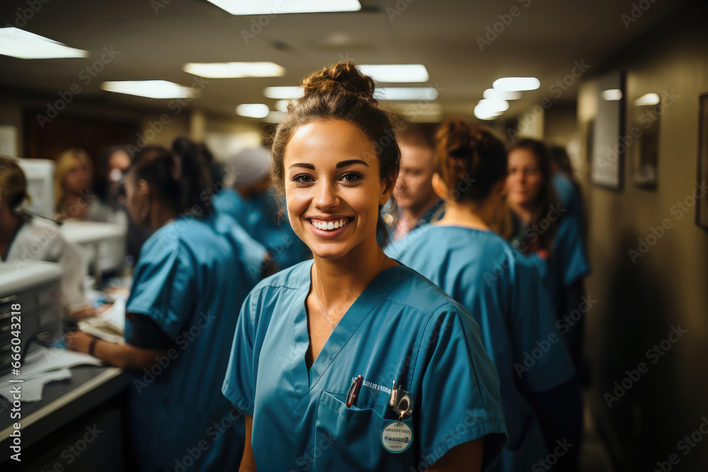 Radiant young nurse with badge and stethoscope in a busy hospital setting, symbolizing care and professionalism. Radiant young nurse with badge and stethoscope in a busy hospital setting, symbolizing care and professionalism.
