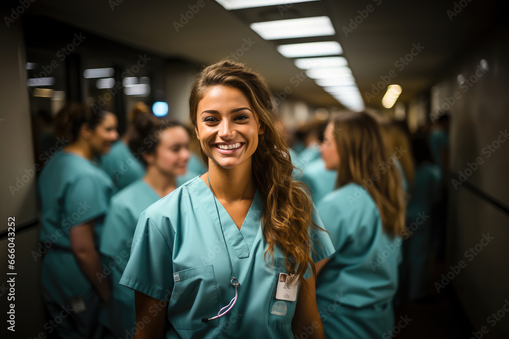 Confident young nurse in scrubs smiling in a busy hospital corridor, embodying dedication and professionalism. Confident young nurse in scrubs smiling in a busy hospital corridor, embodying dedication and professionalism.