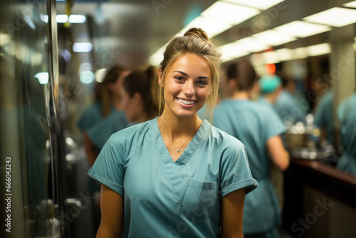 Smiling young nurse in teal scrubs, embodying dedication and professionalism, amidst a bustling hospital environment.