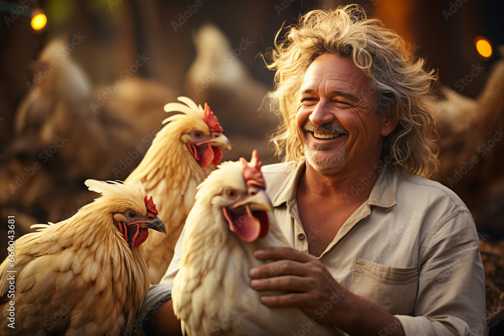 portrait of a funny man, a villager, he sits on the hay in the yard of the ranch, and laughs, makes a video call by smartphone, chickens around him, retro style - obrazy, fototapety, plakaty 