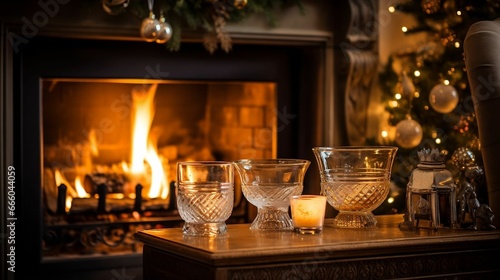 A cozy fireside scene reflected in a polished mantlepiece 