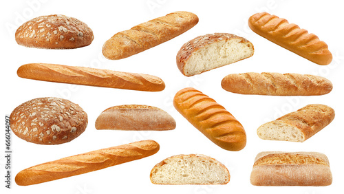 Bread assortment, different types of bread, isolated on white background, full depth of field photo