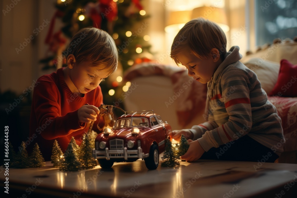 Winter holidays concept. Generative AI. Happy childhood. White-haired European little brothers boys play with toy cars near the Christmas tree.