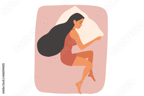 Happy woman sleeping well on bed vector illustration	