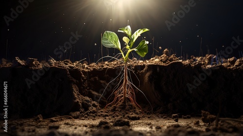 Growing plant with underground root visible in soil