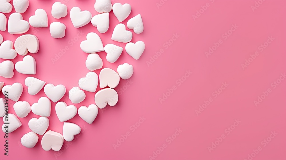 Sweets, white marshmallows and caramel heart on a pink background.Happy Valentine's Day, Mother's Day, 8 March, World Women's Day. The concept of holidays and love. Flatlay. Top view.