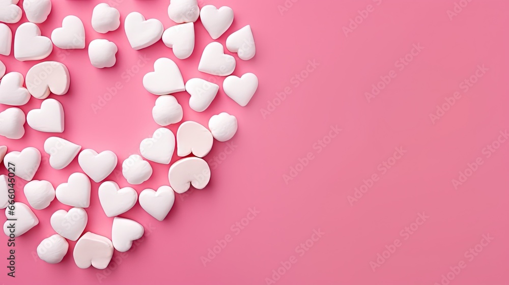 Sweets, white marshmallows and caramel heart on a pink background.Happy Valentine's Day, Mother's Day, 8 March, World Women's Day. The concept of holidays and love. Flatlay. Top view. Sweets, white marshmallows and caramel heart on a pink background.Happy Valentine's Day, Mother's Day, 8 March, World Women's Day. The concept of holidays and love. Flatlay. Top view.