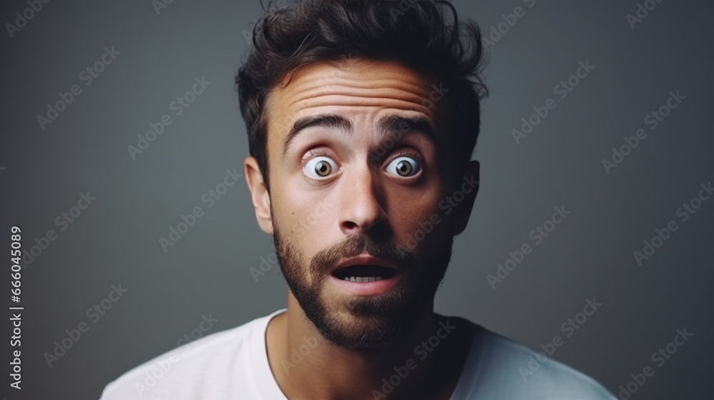 Fototapeta premium Scared Man Looking at the Camera Isolated on the Minimalist Background 