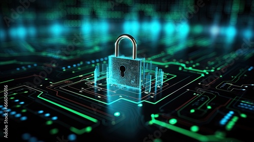 Cyber security concept. Padlock icon on digital technology background. Illustrates cyber data security or information privacy idea in mother server is processing the data. 3d rendering