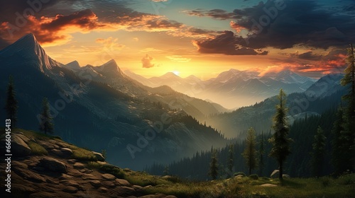forest on the mountain light fall on clearing on mountains at sunset sky background