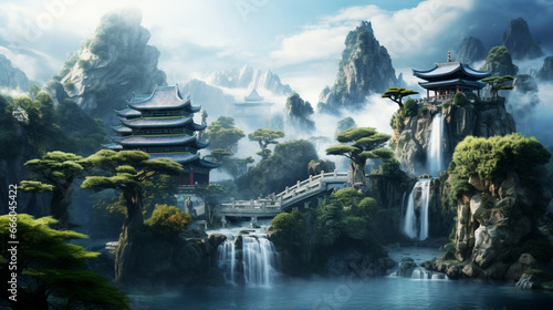copy space, stockphoto, japanese art style, Chinese landschape with temples and waterfalls. Beautiful typical Chinese landscape with traditional temples. Beautiful nature landscape. Design for restaur