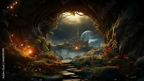 Conceptual fantasy bright background on the fairy tale Wonderland magic door and tree. Generative Ai