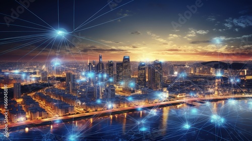 Line of cityscape and communication network illustration concept. Telecommunication. IoT (Internet of Things). ICT (Information communication Technology). 5G. Smart city. Digital transformation. © HN Works
