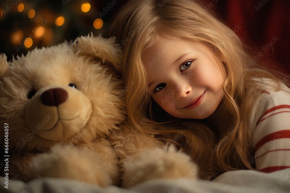 Winter holidays concept. Generative AI. Happy childhood. A little European girl with a teddy bear near the Christmas tree in a cozy home interior. Winter holidays concept. Generative AI. Happy childhood. A little European girl with a teddy bear near the Christmas tree in a cozy home interior.