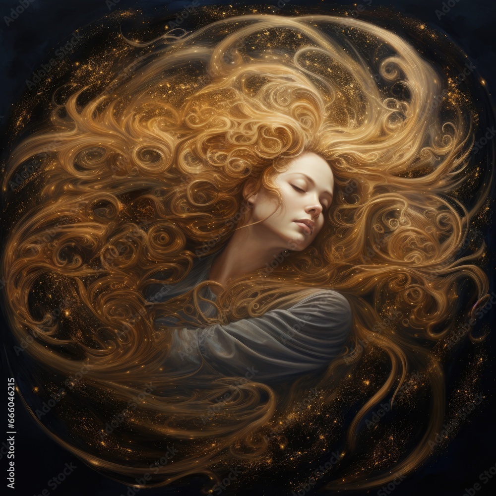 Red female hair is twisted into a spiral, forming a pattern, in the center of which is a young woman. Inner peace and meditation, dreams and mysticism.