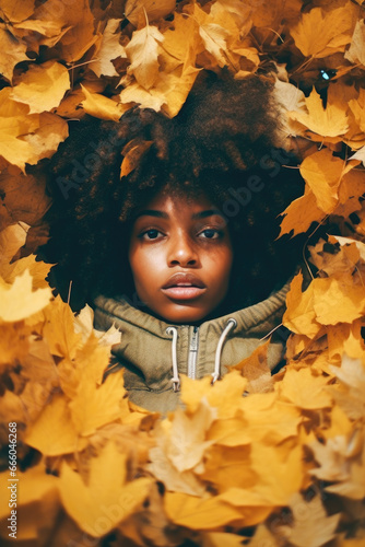 Afro-American muppet surrounded by leaves in autumn
