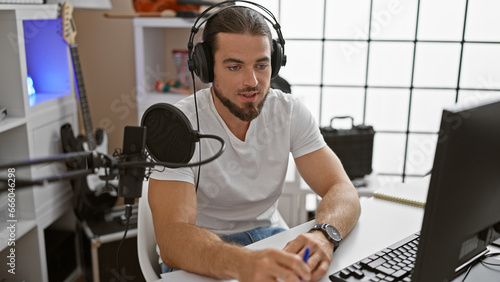 Young hispanic man reporter speaking on radio show at music studio
