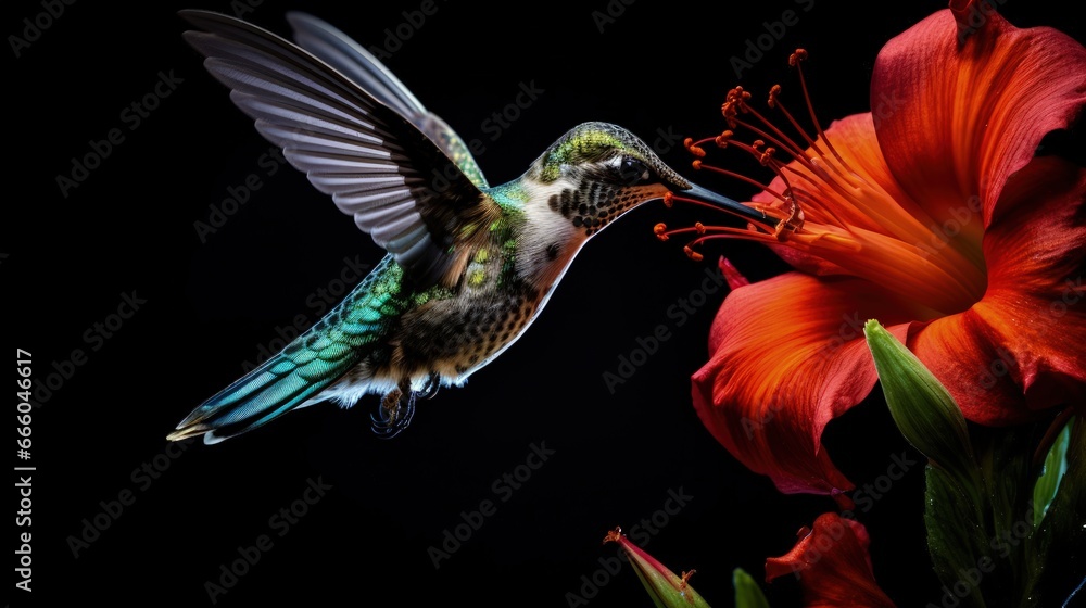 Obraz premium A juvenile Ruby-throated humming bird feeding on a flower, Ontario, Canada