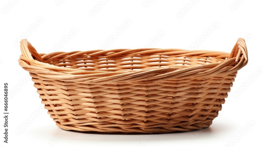 Empty wicker basket with handles isolated on white