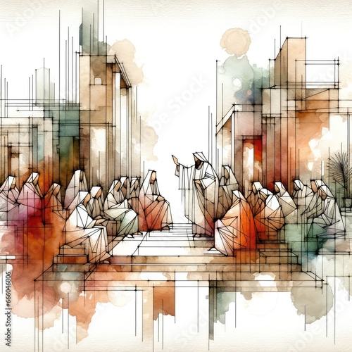 Ministry of Jesus. Jesus preaching to people on abstract colorful background. Digital watercolor painting photo