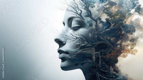 The profile of a beautiful woman is combined with an image of a tree. Unity with nature.